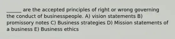 ______ are the accepted principles of right or wrong governing the conduct of businesspeople. A) vision statements B) promissory notes C) Business strategies D) Mission statements of a business E) Business ethics