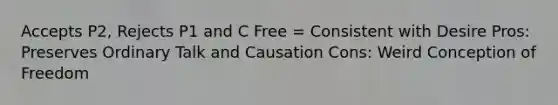 Accepts P2, Rejects P1 and C Free = Consistent with Desire Pros: Preserves Ordinary Talk and Causation Cons: Weird Conception of Freedom