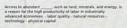 Access to abundant ______, such as land, minerals, and energy, is a reason for the high productivity of labor in industrially advanced economies. - labor quality - natural resources - technology - physical capital