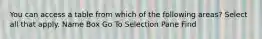 You can access a table from which of the following areas? Select all that apply. Name Box Go To Selection Pane Find