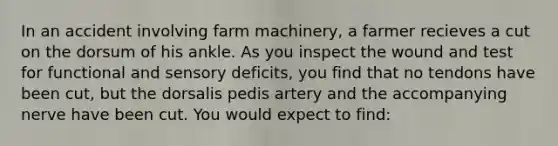 In an accident involving farm machinery, a farmer recieves a cut on the dorsum of his ankle. As you inspect the wound and test for functional and sensory deficits, you find that no tendons have been cut, but the dorsalis pedis artery and the accompanying nerve have been cut. You would expect to find: