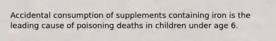 Accidental consumption of supplements containing iron is the leading cause of poisoning deaths in children under age 6.