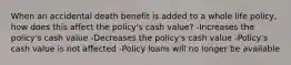 When an accidental death benefit is added to a whole life policy, how does this affect the policy's cash value? -Increases the policy's cash value -Decreases the policy's cash value -Policy's cash value is not affected -Policy loans will no longer be available