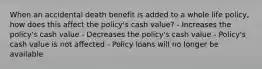 When an accidental death benefit is added to a whole life policy, how does this affect the policy's cash value? - Increases the policy's cash value - Decreases the policy's cash value - Policy's cash value is not affected - Policy loans will no longer be available