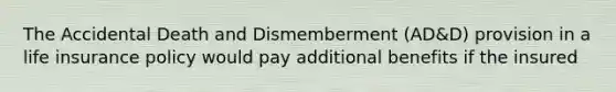 The Accidental Death and Dismemberment (AD&D) provision in a life insurance policy would pay additional benefits if the insured