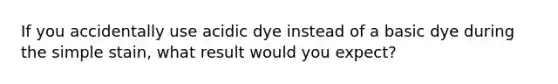 If you accidentally use acidic dye instead of a basic dye during the simple stain, what result would you expect?