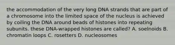 the accommodation of the very long DNA strands that are part of a chromosome into the limited space of the nucleus is achieved by coiling the DNA around beads of histones into repeating subunits. these DNA-wrapped histones are called? A. soelnoids B. chromatin loops C. rosetters D. nucleosomes