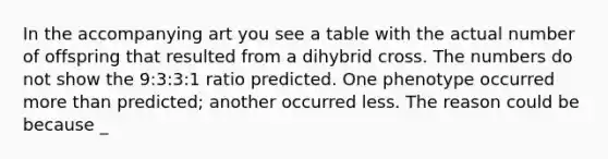 In the accompanying art you see a table with the actual number of offspring that resulted from a dihybrid cross. The numbers do not show the 9:3:3:1 ratio predicted. One phenotype occurred more than predicted; another occurred less. The reason could be because _