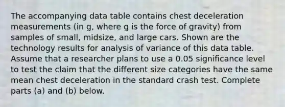 The accompanying data table contains chest deceleration measurements​ (in g, where g is the force of​ gravity) from samples of​ small, midsize, and large cars. Shown are the technology results for analysis of variance of this data table. Assume that a researcher plans to use a 0.05 significance level to test the claim that the different size categories have the same mean chest deceleration in the standard crash test. Complete parts​ (a) and​ (b) below.