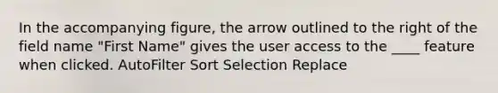 In the accompanying figure, the arrow outlined to the right of the field name "First Name" gives the user access to the ____ feature when clicked. AutoFilter Sort Selection Replace