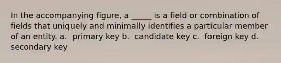 In the accompanying figure, a _____ is a field or combination of fields that uniquely and minimally identifies a particular member of an entity. a. ​ primary key b. ​ candidate key c. ​ foreign key d. ​ secondary key