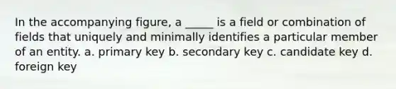 In the accompanying figure, a _____ is a field or combination of fields that uniquely and minimally identifies a particular member of an entity. a. primary key b. secondary key c. candidate key d. foreign key