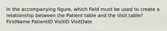 In the accompanying figure, which field must be used to create a relationship between the Patient table and the Visit table? FirstName PatientID VisitID VisitDate