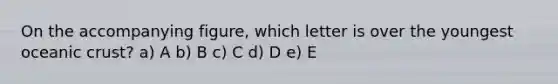 On the accompanying figure, which letter is over the youngest <a href='https://www.questionai.com/knowledge/kPVS0KdHos-oceanic-crust' class='anchor-knowledge'>oceanic crust</a>? a) A b) B c) C d) D e) E