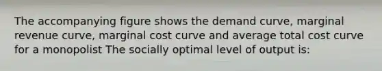 The accompanying figure shows the demand curve, marginal revenue curve, marginal cost curve and average total cost curve for a monopolist The socially optimal level of output is: