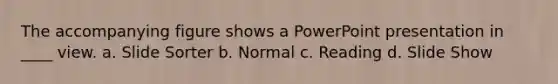 The accompanying figure shows a PowerPoint presentation in ____ view. a. Slide Sorter b. Normal c. Reading d. Slide Show