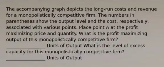 The accompanying graph depicts the long-run costs and revenue for a monopolistically competitive firm. The numbers in parentheses show the output level and the cost, respectively, associated with various points. Place point A at the profit maximizing price and quantity. What is the profit-maximizing output of this monopolistically competitive firm? _________________ Units of Output What is the level of excess capacity for this monopolistically competitive firm? _________________ Units of Output