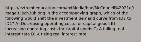 https://ezto.mheducation.com/extMedia/bne/McConnell%2021e/image036ch30b.png In the accompanying graph, which of the following would shift the investment demand curve from ID2 to ID1? A) Decreasing operating costs for capital goods B) Increasing operating costs for capital goods C) A falling real interest rate D) A rising real interest rate