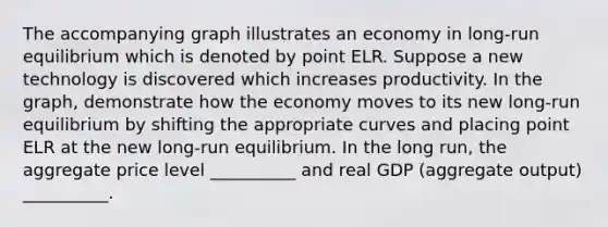 The accompanying graph illustrates an economy in long-run equilibrium which is denoted by point ELR. Suppose a new technology is discovered which increases productivity. In the graph, demonstrate how the economy moves to its new long-run equilibrium by shifting the appropriate curves and placing point ELR at the new long-run equilibrium. In the long run, the aggregate price level __________ and real GDP (aggregate output) __________.