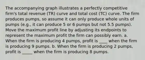 The accompanying graph illustrates a perfectly competitive firm's total revenue (TR) curve and total cost (TC) curve. The firm produces pumps, so assume it can only produce whole units of pumps (e.g., it can produce 5 or 6 pumps but not 5.5 pumps). Move the maximum profit line by adjusting its endpoints to represent the maximum profit the firm can possibly earn. a. When the firm is producing 4 pumps, profit is ____ when the firm is producing 9 pumps. b. When the firm is producing 2 pumps, profit is _____ when the firm is producing 8 pumps.