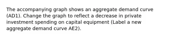 The accompanying graph shows an aggregate demand curve (AD1). Change the graph to reflect a decrease in private investment spending on capital equipment (Label a new aggregate demand curve AE2).