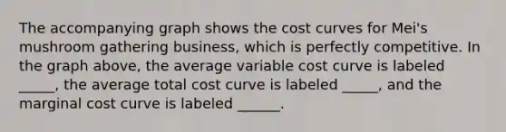 The accompanying graph shows the cost curves for Mei's mushroom gathering business, which is perfectly competitive. In the graph above, the average variable cost curve is labeled _____, the average total cost curve is labeled _____, and the marginal cost curve is labeled ______.