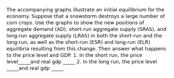 The accompanying graphs illustrate an initial equilibrium for the economy. Suppose that a snowstorm destroys a large number of corn crops. Use the graphs to show the new positions of aggregate demand (AD), short-run aggregate supply (SRAS), and long-run aggregate supply (LRAS) in both the short-run and the long-run, as well as the short-run (ESR) and long-run (ELR) equilibria resulting from this change. Then answer what happens to the price level and GDP. 1. In the short run, the price level_____and real gdp _____ 2. In the long run, the price level _____and real gdp _____