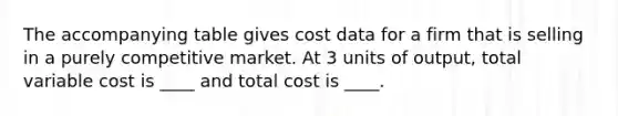 The accompanying table gives cost data for a firm that is selling in a purely competitive market. At 3 units of output, total variable cost is ____ and total cost is ____.