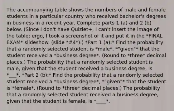 The accompanying table shows the numbers of male and female students in a particular country who received​ bachelor's degrees in business in a recent year. Complete parts​ 1 (a) and 2 (b) below. (Since I don't have Quizlet+, I can't insert the image of the table; ergo, I took a screenshot of it and put it in the *FINAL EXAM* slideshow. (slide *#4*).) *Part 1 (a):* Find the probability that a randomly selected student is *male*​, *"given"* that the student received a *business degree*. (Round to *three* decimal places.) The probability that a randomly selected student is​ male, given that the student received a business​ degree, is *___*. *Part 2 (b):* Find the probability that a randomly selected student received a *business​ degree*, *"given"* that the student is *female*. (Round to *three* decimal places.) The probability that a randomly selected student received a business​ degree, given that the student is​ female, is *____*.