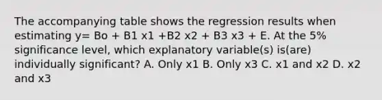 The accompanying table shows the regression results when estimating y= Bo + B1 x1 +B2 x2 + B3 x3 + E. At the 5% significance level, which explanatory variable(s) is(are) individually significant? A. Only x1 B. Only x3 C. x1 and x2 D. x2 and x3