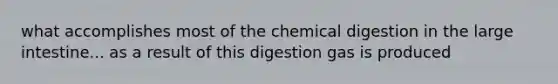 what accomplishes most of the chemical digestion in the <a href='https://www.questionai.com/knowledge/kGQjby07OK-large-intestine' class='anchor-knowledge'>large intestine</a>... as a result of this digestion gas is produced