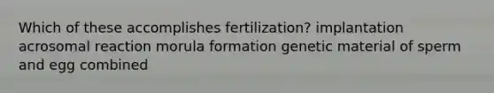 Which of these accomplishes fertilization? implantation acrosomal reaction morula formation genetic material of sperm and egg combined