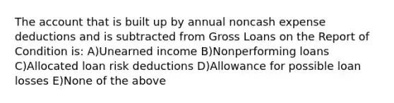 The account that is built up by annual noncash expense deductions and is subtracted from Gross Loans on the Report of Condition is: A)Unearned income B)Nonperforming loans C)Allocated loan risk deductions D)Allowance for possible loan losses E)None of the above