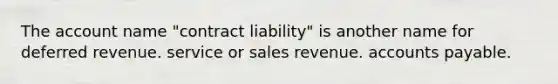 The account name "contract liability" is another name for deferred revenue. service or sales revenue. <a href='https://www.questionai.com/knowledge/kWc3IVgYEK-accounts-payable' class='anchor-knowledge'>accounts payable</a>.