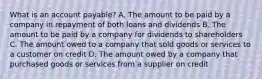 What is an account payable? A. The amount to be paid by a company in repayment of both loans and dividends B. The amount to be paid by a company for dividends to shareholders C. The amount owed to a company that sold goods or services to a customer on credit D. The amount owed by a company that purchased goods or services from a supplier on credit