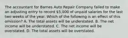 The accountant for Barnes Auto Repair Company failed to make an adjusting entry to record​ 5,000 of unpaid salaries for the last two weeks of the year. Which of the following is an effect of this​ omission? A. The total assets will be understated. B. The net income will be understated. C. The net income will be overstated. D. The total assets will be overstated.