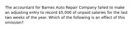 The accountant for Barnes Auto Repair Company failed to make an adjusting entry to record​ 5,000 of unpaid salaries for the last two weeks of the year. Which of the following is an effect of this​ omission?