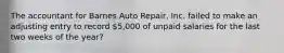 The accountant for Barnes Auto​ Repair, Inc. failed to make an adjusting entry to record​ 5,000 of unpaid salaries for the last two weeks of the year?