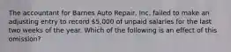 The accountant for Barnes Auto​ Repair, Inc. failed to make an adjusting entry to record​ 5,000 of unpaid salaries for the last two weeks of the year. Which of the following is an effect of this​ omission?