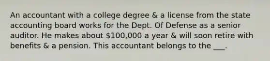 An accountant with a college degree & a license from the state accounting board works for the Dept. Of Defense as a senior auditor. He makes about 100,000 a year & will soon retire with benefits & a pension. This accountant belongs to the ___.