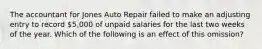 The accountant for Jones Auto Repair failed to make an adjusting entry to record​ 5,000 of unpaid salaries for the last two weeks of the year. Which of the following is an effect of this​ omission?