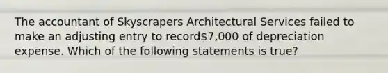 The accountant of Skyscrapers Architectural Services failed to make an adjusting entry to record7,000 of depreciation expense. Which of the following statements is true?