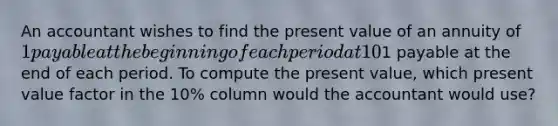 An accountant wishes to find the present value of an annuity of 1 payable at the beginning of each period at 10% for eight periods. The accountant has only one present value table which shows the present value of an annuity of1 payable at the end of each period. To compute the present value, which present value factor in the 10% column would the accountant would use?