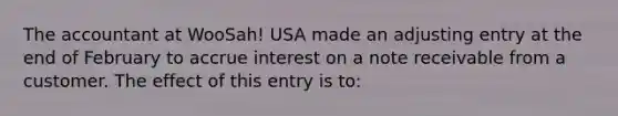 The accountant at WooSah! USA made an adjusting entry at the end of February to accrue interest on a note receivable from a customer. The effect of this entry is to: