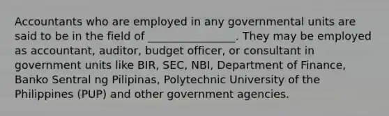 Accountants who are employed in any governmental units are said to be in the field of ________________. They may be employed as accountant, auditor, budget officer, or consultant in government units like BIR, SEC, NBI, Department of Finance, Banko Sentral ng Pilipinas, Polytechnic University of the Philippines (PUP) and other government agencies.