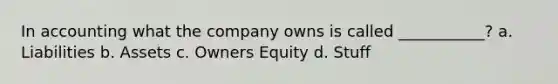 In accounting what the company owns is called ___________? a. Liabilities b. Assets c. Owners Equity d. Stuff