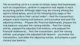 The accounting cycle is a series of certain steps that businesses, such as corporations, perform in sequence and repeat in each accounting period. Although steps may be missing among the options listed below, which of the following lists steps of the accounting cycle in their correct order? - Post the transactions, prepare a post-closing trial balance, and journalize and post the adjusting entries. - Prepare the financial statements, prepare the trial balance, and post the closing entries. - Post the closing entries, prepare the adjusted trial balance, and prepare the financial statements, - Post the transactions, post the closing entries, and prepare the adjusted trial balance. - Journalize the transactions, journalize the adjusting entries, and prepare a post-closing trial balance.