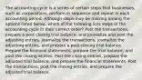 The accounting cycle is a series of certain steps that businesses, such as corporations, perform in sequence and repeat in each accounting period. Although steps may be missing among the options listed below, which of the following lists steps of the accounting cycle in their correct order? Post the transactions, prepare a post-closing trial balance, and journalize and post the adjusting entries. Journalize the transactions, journalize the adjusting entries, and prepare a post-closing trial balance. Prepare the financial statements, prepare the trial balance, and post the closing entries. Post the closing entries, prepare the adjusted trial balance, and prepare the financial statements, Post the transactions, post the closing entries, and prepare the adjusted trial balance.