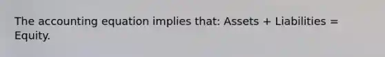 <a href='https://www.questionai.com/knowledge/k7UJ6J5ODQ-the-accounting-equation' class='anchor-knowledge'>the accounting equation</a> implies that: Assets + Liabilities = Equity.