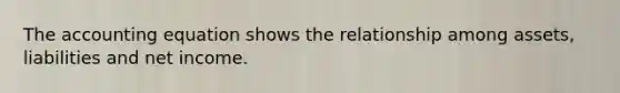 The accounting equation shows the relationship among​ assets, liabilities and net income.